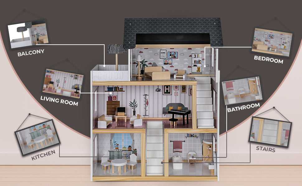 Casuta de Papusi din Lemn Queen's Palace idealSTORE, Dimensiuni 62 x 27 x 77 cm, Constructie din lemn MDF pe 3 Nivele, Dotata cu 3 Camere, Terasa si Scara Interioara, Include 17 accesorii din lemn, Pian, Scaune, Cada, Canapea, Incurajeaza Imaginatia