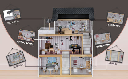 Casuta de Papusi din Lemn Queen's Palace idealSTORE, Dimensiuni 62 x 27 x 77 cm, Constructie din lemn MDF pe 3 Nivele, Dotata cu 3 Camere, Terasa si Scara Interioara, Include 17 accesorii din lemn, Pian, Scaune, Cada, Canapea, Incurajeaza Imaginatia