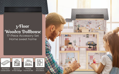 Casuta de Papusi din Lemn Queen's Palace idealSTORE, Dimensiuni 62 x 27 x 77 cm, Constructie din lemn MDF pe 3 Nivele, Dotata cu 3 Camere, Terasa si Scara Interioara, Include 17 accesorii din lemn, Pian, Scaune, Cada, Canapea, Incurajeaza Imaginatia