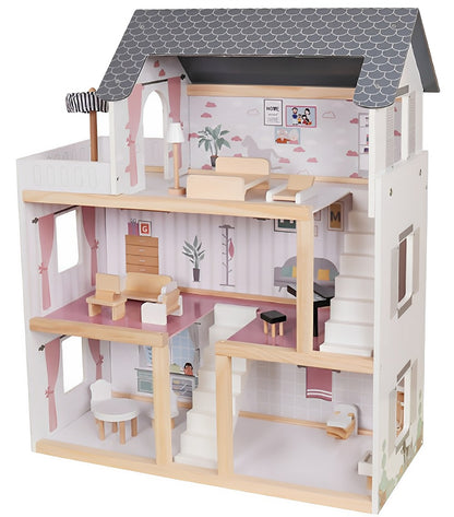 Casuta de Papusi din Lemn Queen's Palace idealSTORE, Dimensiuni 62 x 27 x 77 cm, Constructie din lemn MDF pe 3 Nivele, Dotata cu 3 Camere, Terasa si Scara Interioara, Include 17 accesorii din lemn, Pian, Scaune, Cada, Canapea, Incurajeaza Imaginatia