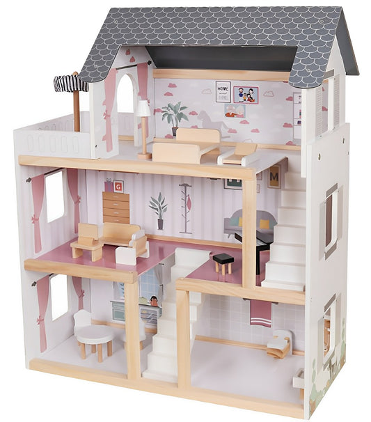 Casuta de Papusi din Lemn Queen's Palace idealSTORE, Dimensiuni 62 x 27 x 77 cm, Constructie din lemn MDF pe 3 Nivele, Dotata cu 3 Camere, Terasa si Scara Interioara, Include 17 accesorii din lemn, Pian, Scaune, Cada, Canapea, Incurajeaza Imaginatia