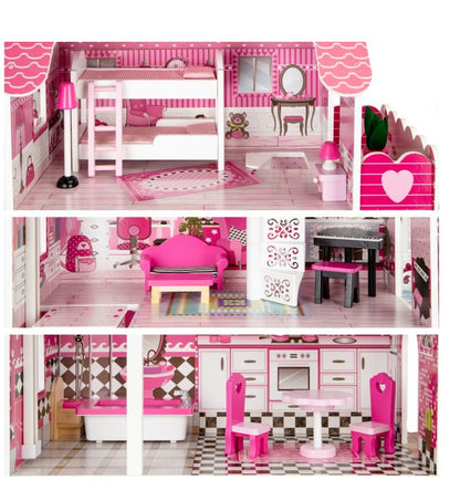 Casuta de papusi din lemn cu lift idealSTORE THE PALACE OF THE PRINCESSES, Dimensiuni 108 x 90 x 30 cm, Construita pe 3 nivele, Include 16 mobiliere din lemn, Terasa cu tobogan, Zona pentru gratar, Dezvolta imaginatia si abilitatile manuale