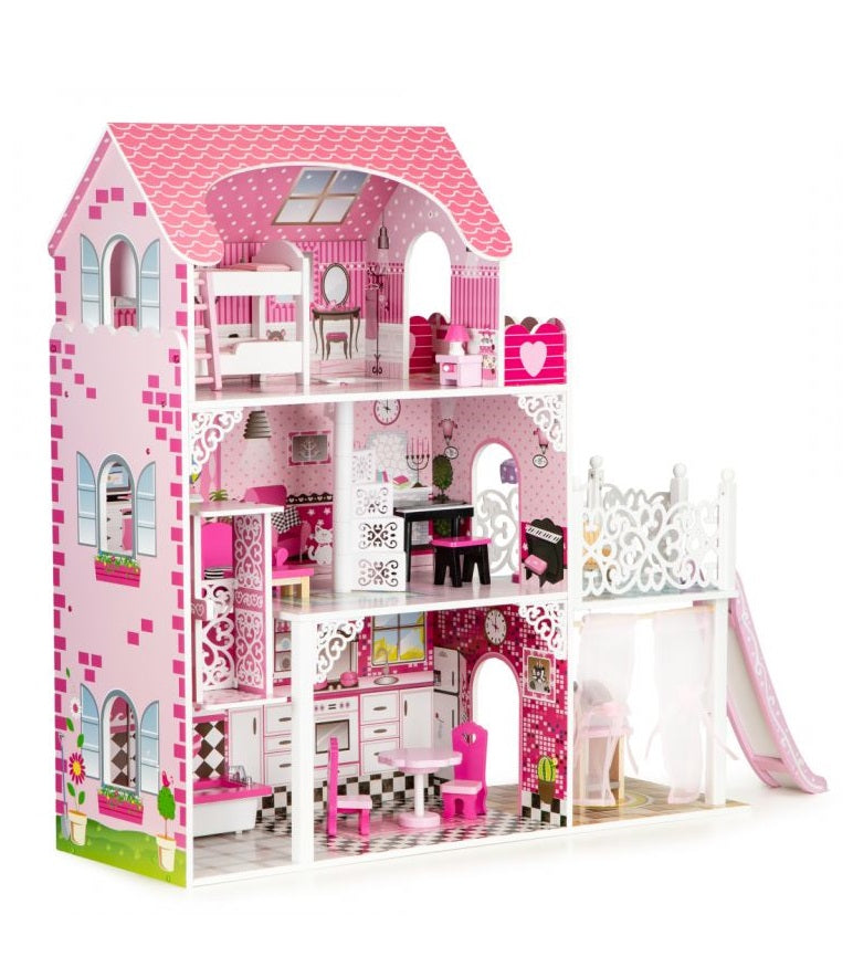Casuta de papusi din lemn cu lift idealSTORE THE PALACE OF THE PRINCESSES, Dimensiuni 108 x 90 x 30 cm, Construita pe 3 nivele, Include 16 mobiliere din lemn, Terasa cu tobogan, Zona pentru gratar, Dezvolta imaginatia si abilitatile manuale