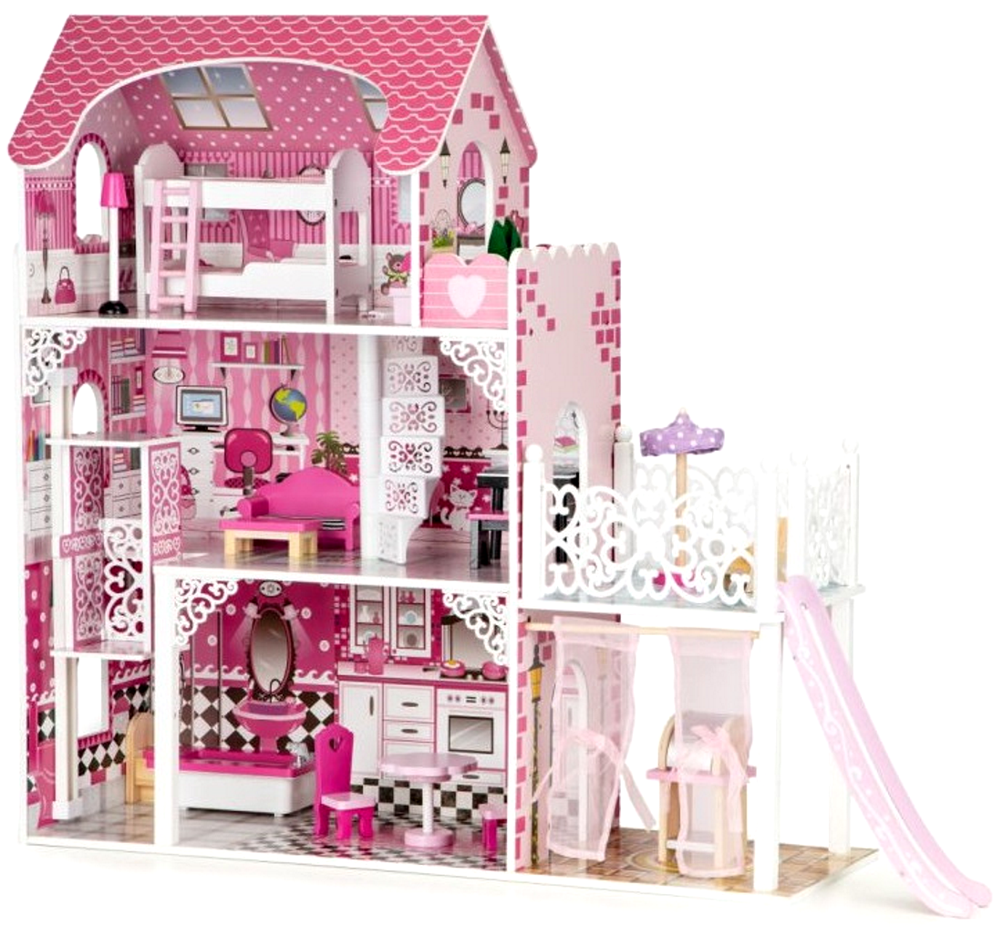 Casuta de papusi din lemn cu lift idealSTORE THE PALACE OF THE PRINCESSES, Dimensiuni 108 x 90 x 30 cm, Construita pe 3 nivele, Include 16 mobiliere din lemn, Terasa cu tobogan, Zona pentru gratar, Dezvolta imaginatia si abilitatile manuale