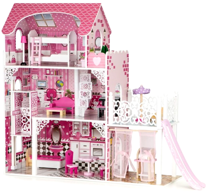 Casuta de papusi din lemn cu lift idealSTORE THE PALACE OF THE PRINCESSES, Dimensiuni 108 x 90 x 30 cm, Construita pe 3 nivele, Include 16 mobiliere din lemn, Terasa cu tobogan, Zona pentru gratar, Dezvolta imaginatia si abilitatile manuale
