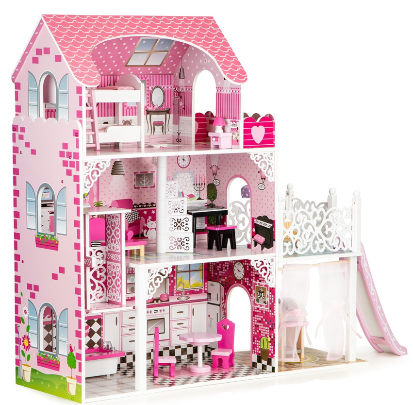 Casuta de papusi din lemn cu lift idealSTORE THE PALACE OF THE PRINCESSES, Dimensiuni 108 x 90 x 30 cm, Construita pe 3 nivele, Include 16 mobiliere din lemn, Terasa cu tobogan, Zona pentru gratar, Dezvolta imaginatia si abilitatile manuale