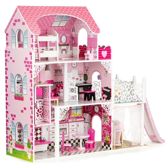 Casuta de papusi din lemn cu lift idealSTORE THE PALACE OF THE PRINCESSES, Dimensiuni 108 x 90 x 30 cm, Construita pe 3 nivele, Include 16 mobiliere din lemn, Terasa cu tobogan, Zona pentru gratar, Dezvolta imaginatia si abilitatile manuale