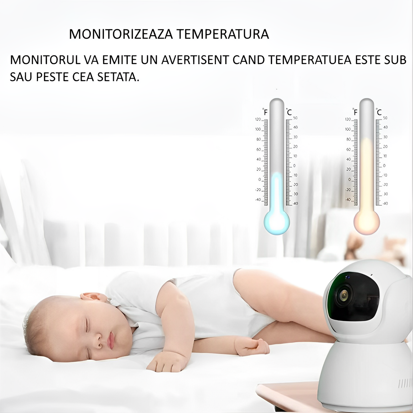 Baby Monitor IdealStore, Rotire Verticala si Orizontala, Suporta card 32 GB, Night Vision Auto, Ecran HD de 5 inch, Raza Actiune 300 m, Senzor Temperatura Ambientala, Comunicare intre cele 2 dispozitive, Sunet Clar, Cantece de Leagan, Alarma lipsa Semnal