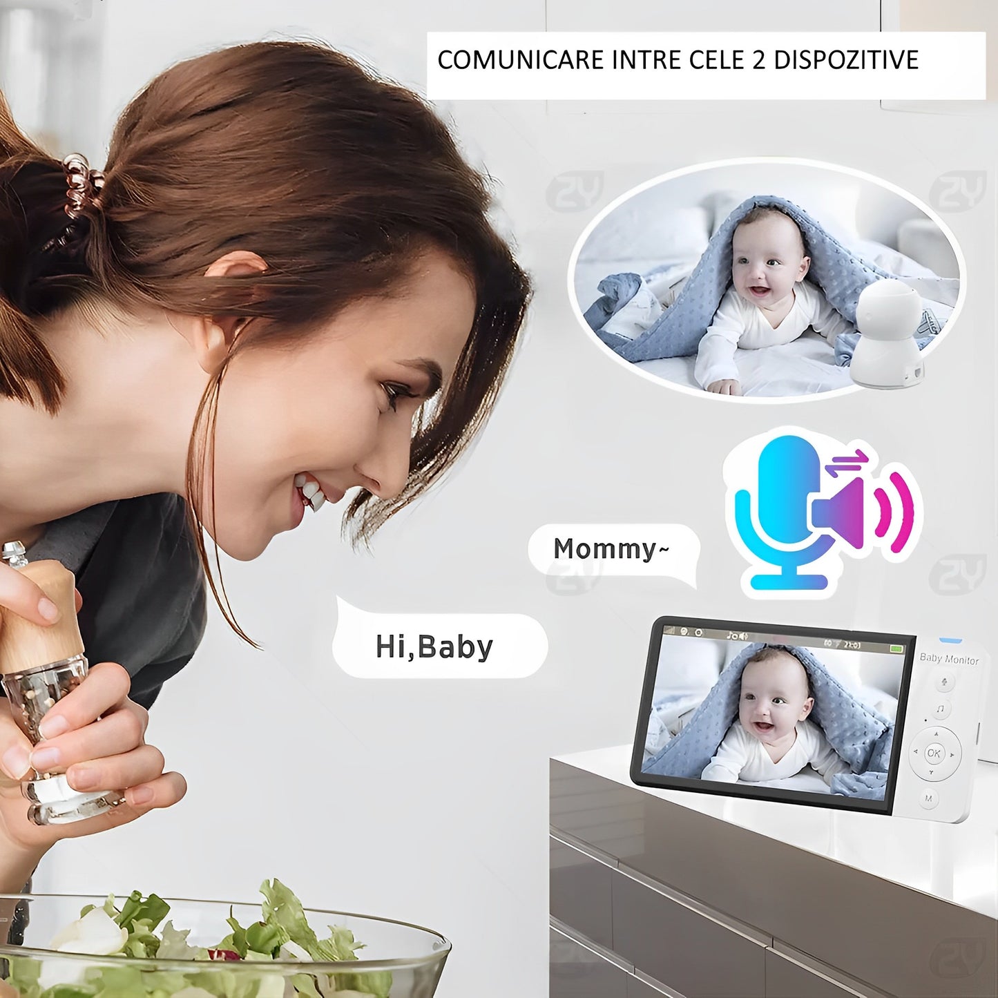 Baby Monitor IdealStore, Rotire Verticala si Orizontala, Suporta card 32 GB, Night Vision Auto, Ecran HD de 5 inch, Raza Actiune 300 m, Senzor Temperatura Ambientala, Comunicare intre cele 2 dispozitive, Sunet Clar, Cantece de Leagan, Alarma lipsa Semnal