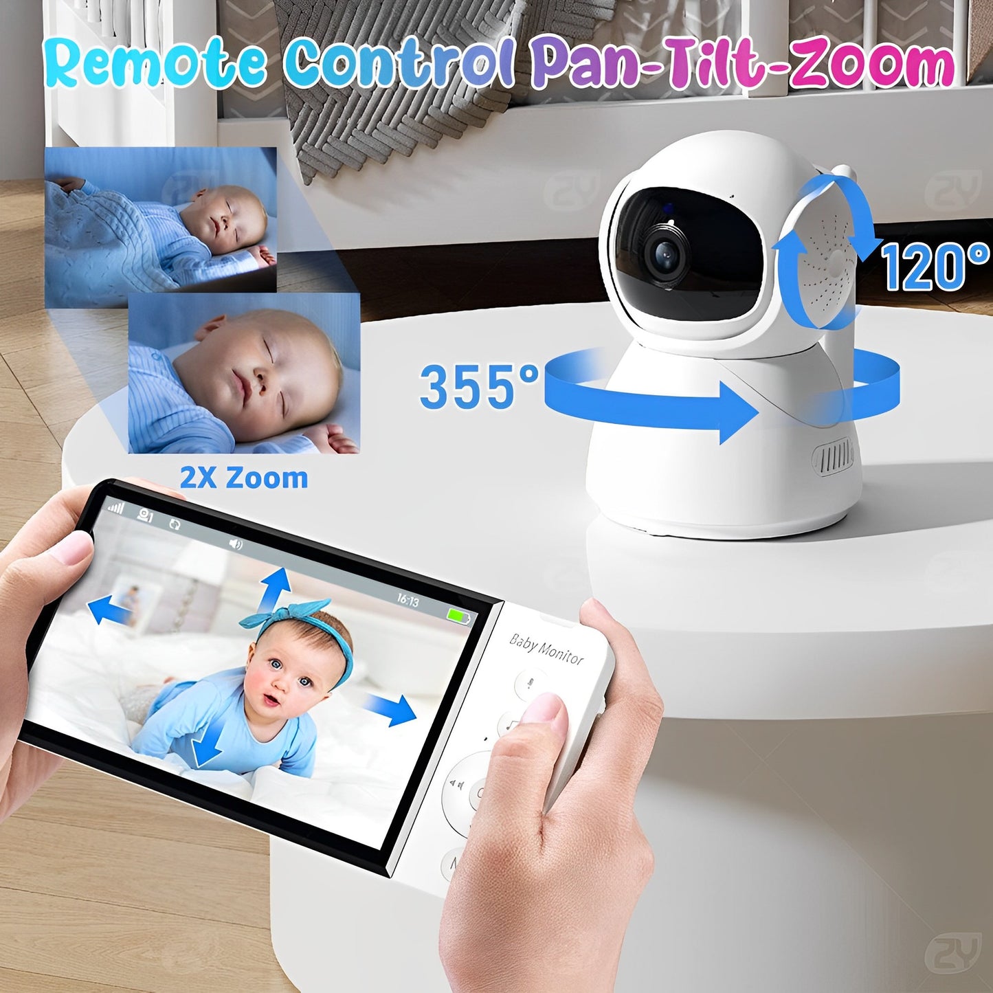Baby Monitor IdealStore, Rotire Verticala si Orizontala, Suporta card 32 GB, Night Vision Auto, Ecran HD de 5 inch, Raza Actiune 300 m, Senzor Temperatura Ambientala, Comunicare intre cele 2 dispozitive, Sunet Clar, Cantece de Leagan, Alarma lipsa Semnal