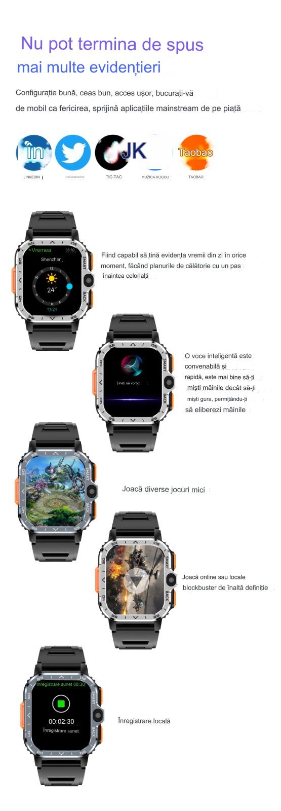 Smartwach idealSTORE ALLinONE, cu SIM, Apel, Navigatie GPS, Camera duala HD, Apel Video, Aplicatii instalate TikTok, Facebook, WhatsApp, Play Store, Chrome, Youtube, Gmail, Memorie 16 GB, mod Multi Sport, NFC