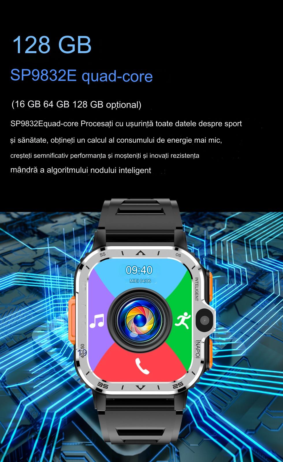 Smartwach idealSTORE ALLinONE, cu SIM, Apel, Navigatie GPS, Camera duala HD, Apel Video, Aplicatii instalate TikTok, Facebook, WhatsApp, Play Store, Chrome, Youtube, Gmail, Memorie 16 GB, mod Multi Sport, NFC