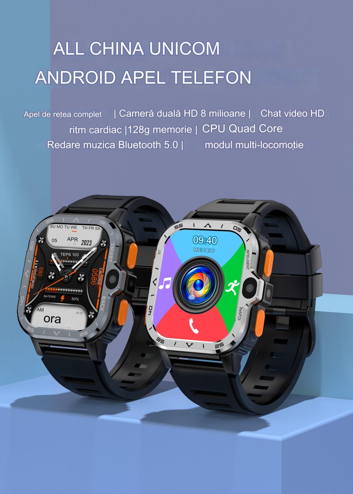 Smartwach idealSTORE ALLinONE, cu SIM, Apel, Navigatie GPS, Camera duala HD, Apel Video, Aplicatii instalate TikTok, Facebook, WhatsApp, Play Store, Chrome, Youtube, Gmail, Memorie 16 GB, mod Multi Sport, NFC