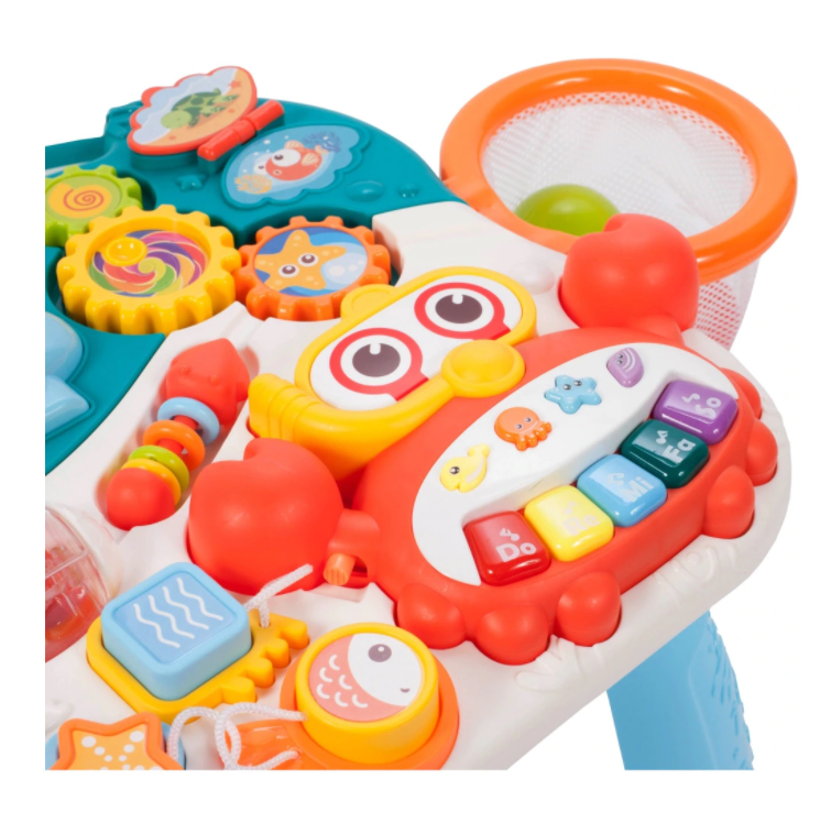 Antemergator Interactiv 5 in 1 Dumbo idealStore, Masuta Detasabila, Mini Cos de Baschet, Mingi Incuse, Lumini si Sunete, Culoare Albastru Marin