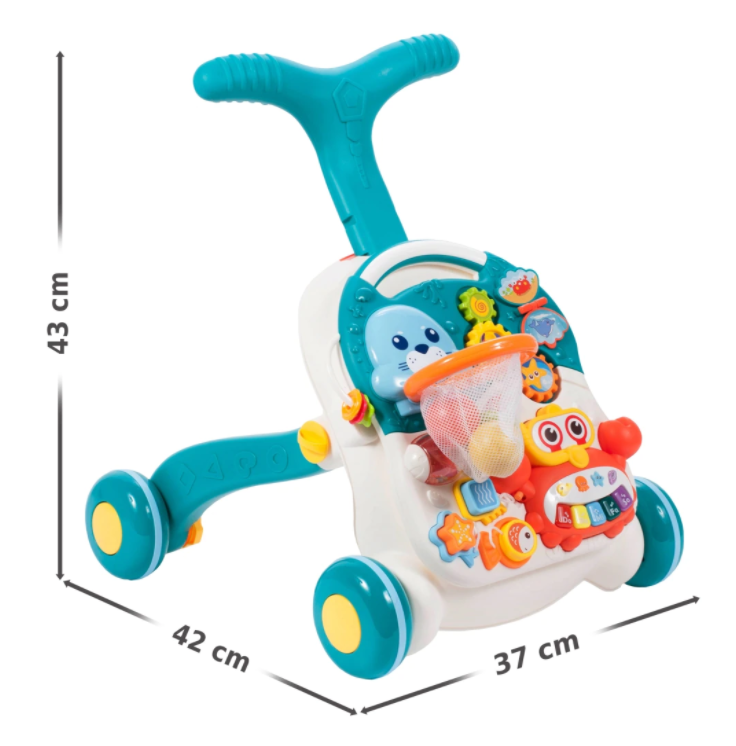 Antemergator Interactiv 5 in 1 Dumbo idealStore, Masuta Detasabila, Mini Cos de Baschet, Mingi Incuse, Lumini si Sunete, Culoare Albastru Marin