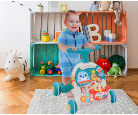 Antemergator Interactiv 5 in 1 Dumbo idealStore, Masuta Detasabila, Mini Cos de Baschet, Mingi Incuse, Lumini si Sunete, Culoare Albastru Marin