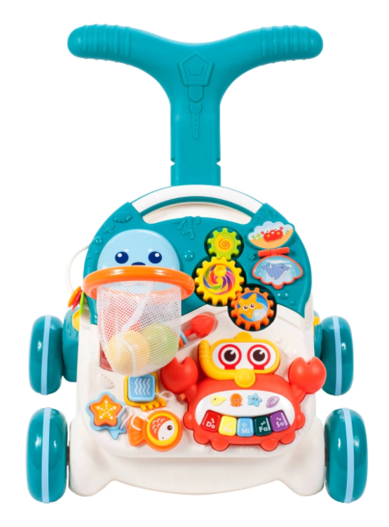 Antemergator Interactiv 5 in 1 Dumbo idealStore, Masuta Detasabila, Mini Cos de Baschet, Mingi Incuse, Lumini si Sunete, Culoare Albastru Marin