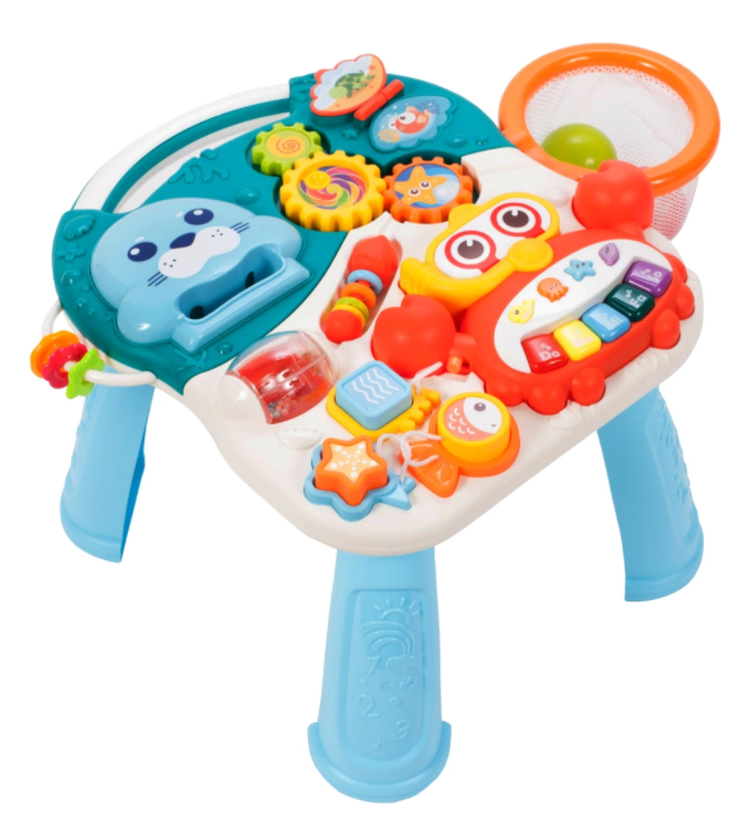 Antemergator Interactiv 5 in 1 Dumbo idealStore, Masuta Detasabila, Mini Cos de Baschet, Mingi Incuse, Lumini si Sunete, Culoare Albastru Marin