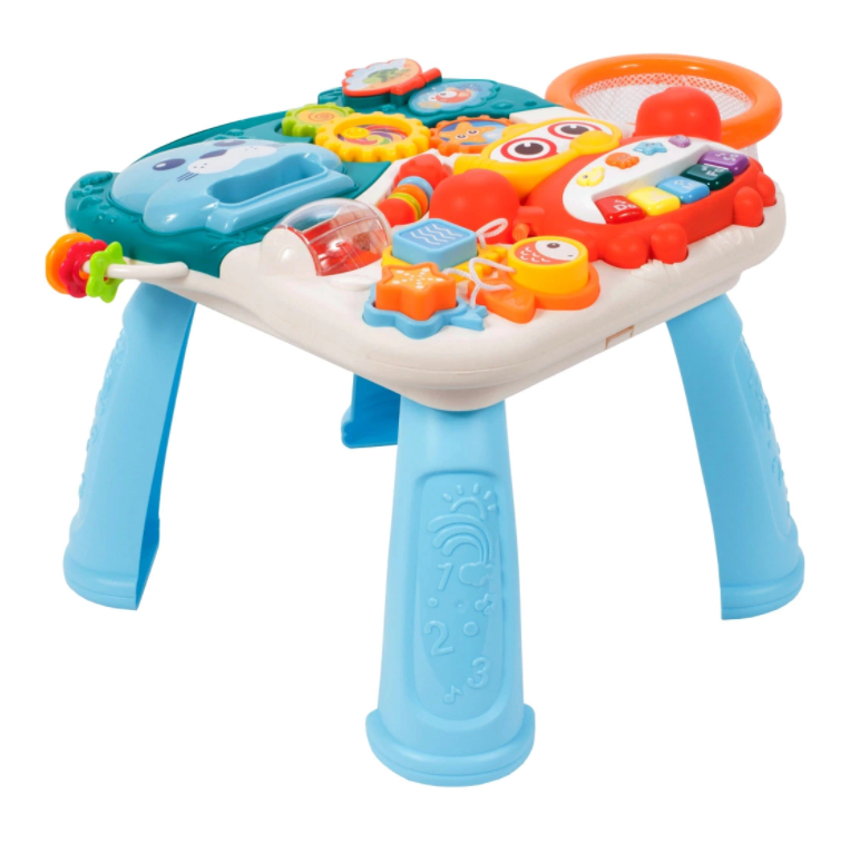 Antemergator Interactiv 5 in 1 Dumbo idealStore, Masuta Detasabila, Mini Cos de Baschet, Mingi Incuse, Lumini si Sunete, Culoare Albastru Marin