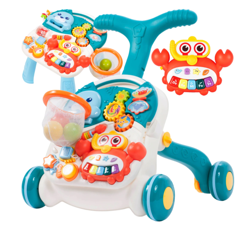 Antemergator Interactiv 5 in 1 Dumbo idealStore, Masuta Detasabila, Mini Cos de Baschet, Mingi Incuse, Lumini si Sunete, Culoare Albastru Marin