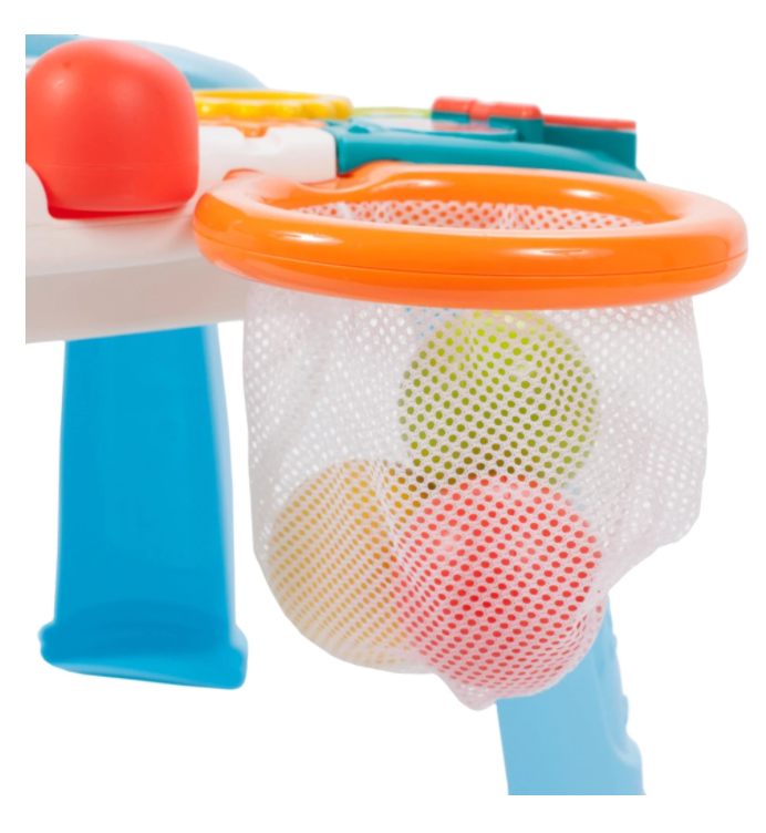 Antemergator Interactiv 5 in 1 Dumbo idealStore, Masuta Detasabila, Mini Cos de Baschet, Mingi Incuse, Lumini si Sunete, Culoare Albastru Marin