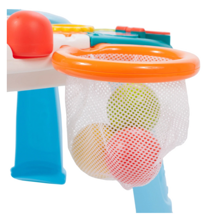 Antemergator Interactiv 5 in 1 Dumbo idealStore, Masuta Detasabila, Mini Cos de Baschet, Mingi Incuse, Lumini si Sunete, Culoare Albastru Marin