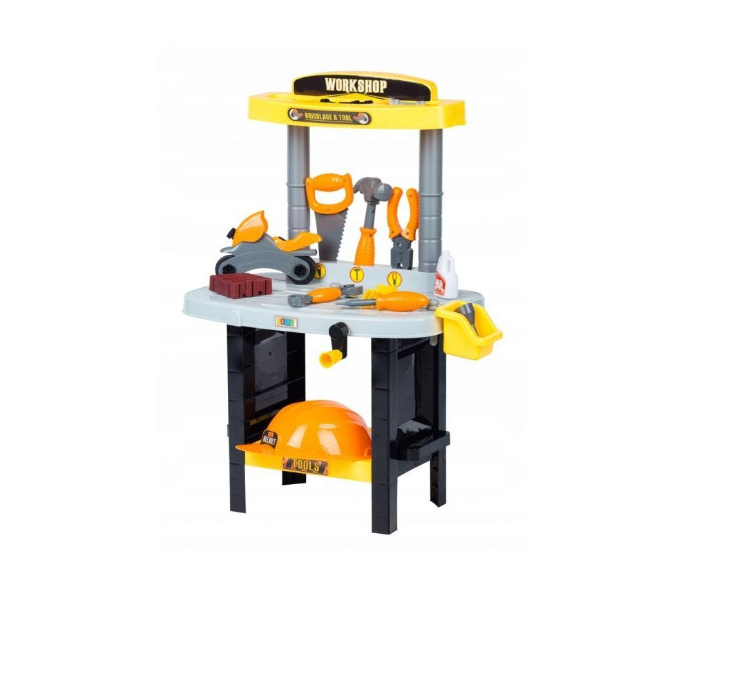 Banc de Lucru INTEARACTIV IDL, THE FIRST WORKSHOP, Model cu 39 Accesorii cu Facilitati Interesante: casca protectie, ciocan, surubelnita, fierastrau, suruburi si piulite pentru a Dezvolta propriul atelier
