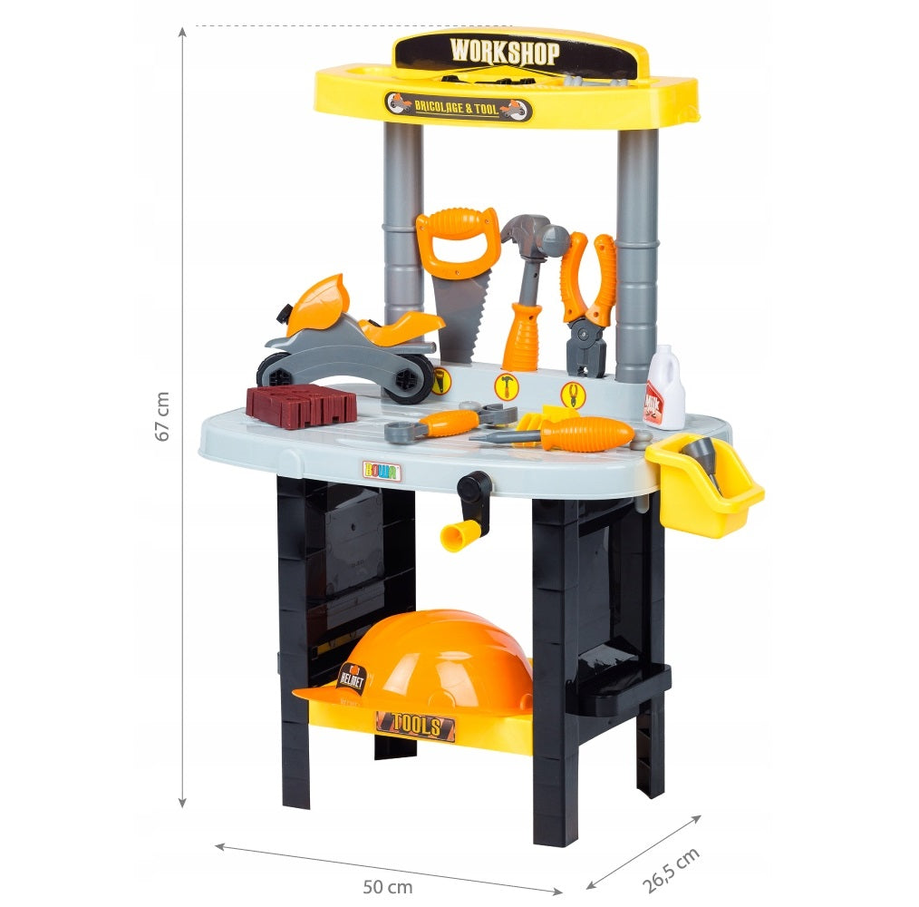 Banc de Lucru INTEARACTIV IDL, THE FIRST WORKSHOP, Model cu 39 Accesorii cu Facilitati Interesante: casca protectie, ciocan, surubelnita, fierastrau, suruburi si piulite pentru a Dezvolta propriul atelier
