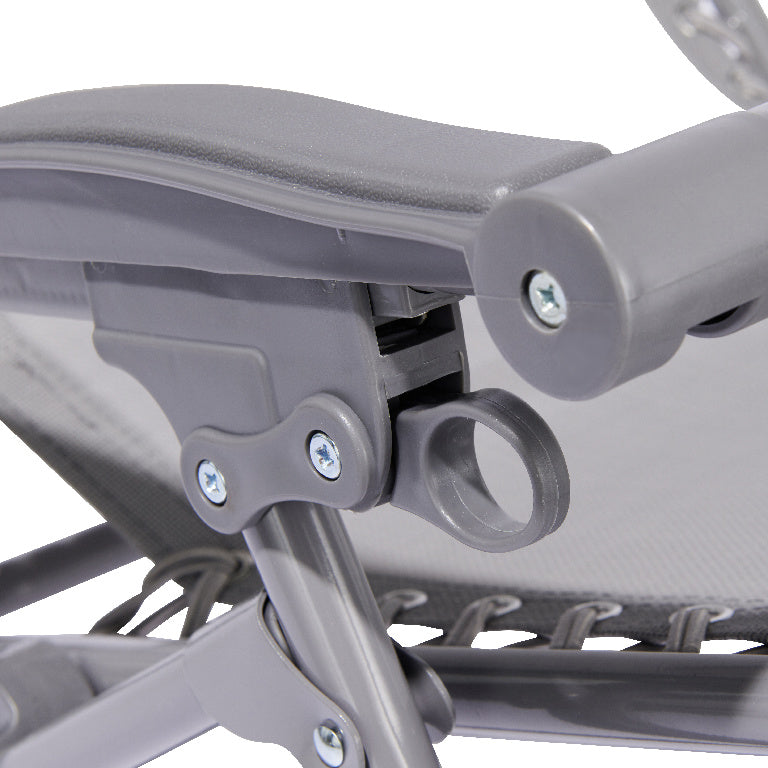 Sezlong pliabil idealSTORE, Fabricat din otel, Dimensiuni 162 x 65 cm, Ideal pentru plaja si gradina, Spatar reglabil si cu suport pentru picior, Culoare GRI, Sarcina maxima 100 kg