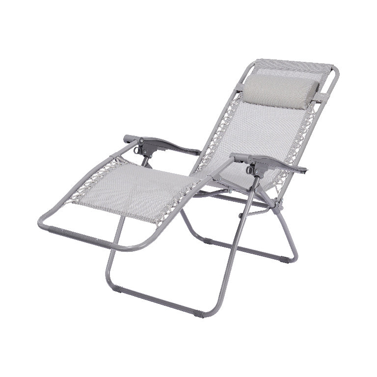 Sezlong pliabil idealSTORE, Fabricat din otel, Dimensiuni 162 x 65 cm, Ideal pentru plaja si gradina, Spatar reglabil si cu suport pentru picior, Culoare GRI, Sarcina maxima 100 kg