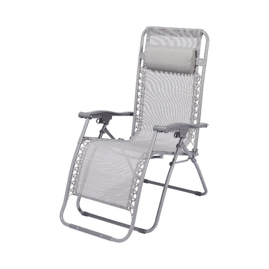 Sezlong pliabil idealSTORE, Fabricat din otel, Dimensiuni 162 x 65 cm, Ideal pentru plaja si gradina, Spatar reglabil si cu suport pentru picior, Culoare GRI, Sarcina maxima 100 kg