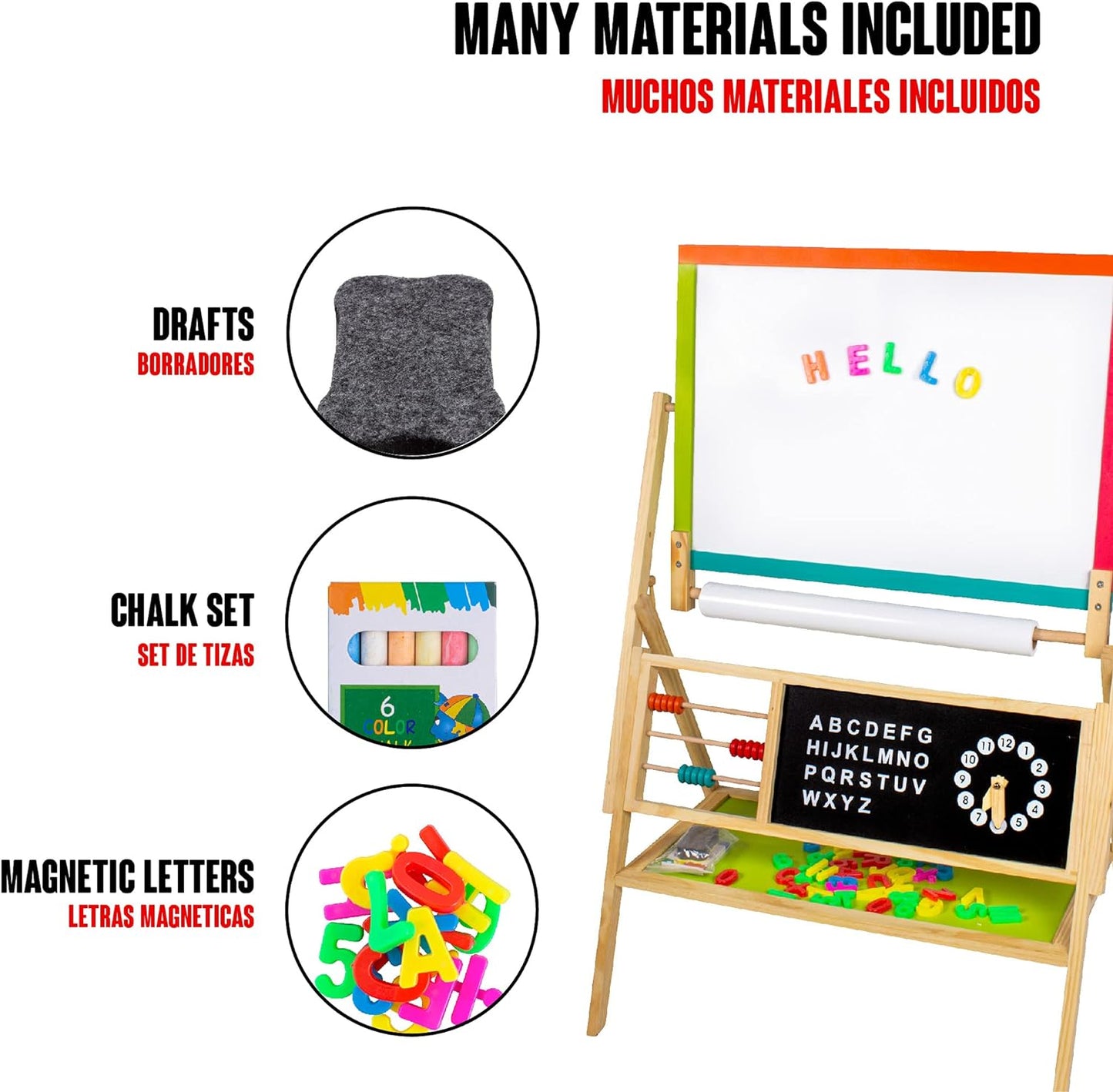 Tabla Magnetica Multifunctionala din Lemn 2 in 1 idealSTORE, Dimensiuni 64 x 50 x 96 cm, Include raft pentru depozitare accesoriilor Ceas pentru copii, Alfabet pentru invatarea literelor, Cifre Magnetice, Numaratoare, Creta Colorata, Marker, Hartie