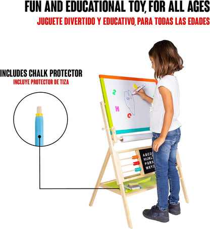 Tabla Magnetica Multifunctionala din Lemn 2 in 1 idealSTORE, Dimensiuni 64 x 50 x 96 cm, Include raft pentru depozitare accesoriilor Ceas pentru copii, Alfabet pentru invatarea literelor, Cifre Magnetice, Numaratoare, Creta Colorata, Marker, Hartie