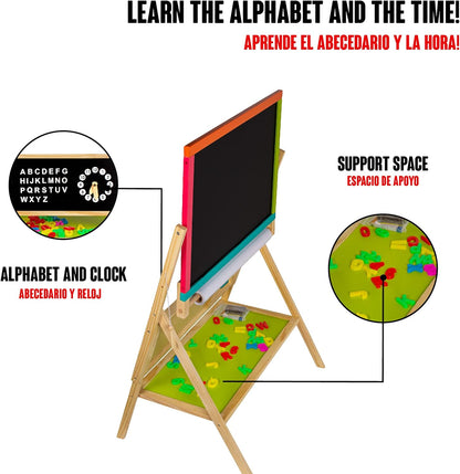Tabla Magnetica Multifunctionala din Lemn 2 in 1 idealSTORE, Dimensiuni 64 x 50 x 96 cm, Include raft pentru depozitare accesoriilor Ceas pentru copii, Alfabet pentru invatarea literelor, Cifre Magnetice, Numaratoare, Creta Colorata, Marker, Hartie