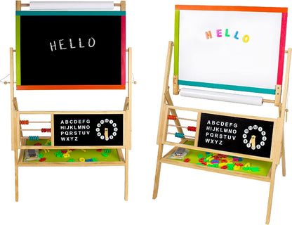 Tabla Magnetica Multifunctionala din Lemn 2 in 1 idealSTORE, Dimensiuni 64 x 50 x 96 cm, Include raft pentru depozitare accesoriilor Ceas pentru copii, Alfabet pentru invatarea literelor, Cifre Magnetice, Numaratoare, Creta Colorata, Marker, Hartie