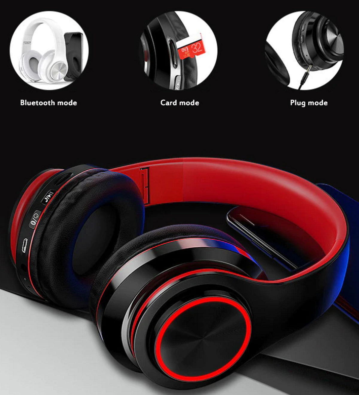 Casti Wireless B39 Collection idealSTORE, Bluetooth 5,0 MP3 Card, Desing modern, Hands-free Call, Raza de actiune 10 m, Compatibil Android, iOS, Windows, HD Voice, Microfon incorporat, Casca pliabila, Culoare Rosu Negru