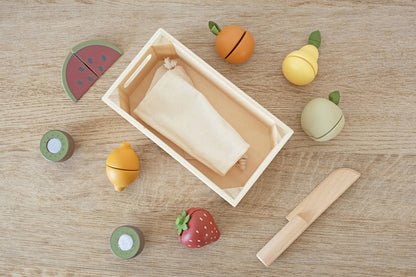 Ladita cu Fructe Happy Fruit idealSTORE, Dimensiuni 20 x 6, 5 cm, Include o multime de fructe, Capsuni, Pepene, Lamaie, Mar, Para, Kiwi, Portocala, Accesorizat cu un cutit pentru taierea fructelor, Saculet pentru Depozitare