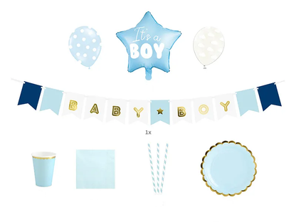 Set decoratiuni pentru petrecere It's a Boy IdealStore, Contine 6 pahare, 6 farfurii, 10 paie, 20 de servetele, 5 baloane din Latex si un Balon in forma de stea, Banner Baby Girl, Albastru