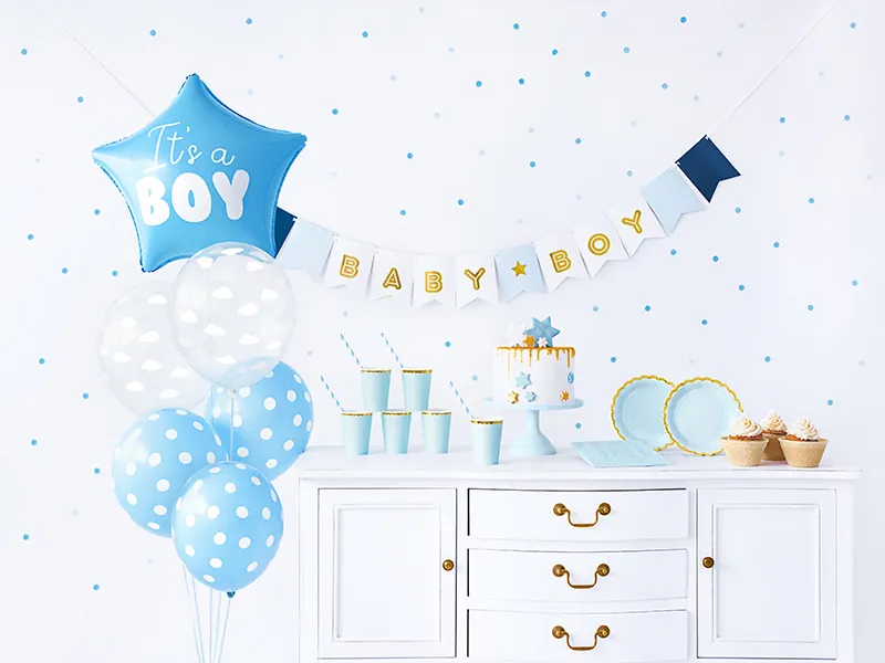 Set decoratiuni pentru petrecere It's a Boy IdealStore, Contine 6 pahare, 6 farfurii, 10 paie, 20 de servetele, 5 baloane din Latex si un Balon in forma de stea, Banner Baby Girl, Albastru