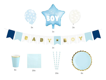 Set decoratiuni pentru petrecere It's a Boy IdealStore, Contine 6 pahare, 6 farfurii, 10 paie, 20 de servetele, 5 baloane din Latex si un Balon in forma de stea, Banner Baby Girl, Albastru