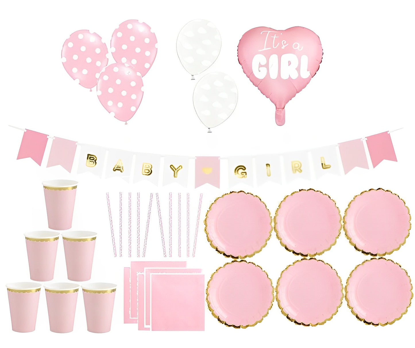 Set decoratiuni pentru petrecere It's a Girl IdealStore, Contine 6 pahare,6 farfurii,10 paie,20 de servetele, 5 baloane din Latex si un Balon in forma de inima, Banner Baby Girl