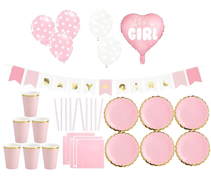 Set decoratiuni pentru petrecere It's a Girl IdealStore, Contine 6 pahare,6 farfurii,10 paie,20 de servetele, 5 baloane din Latex si un Balon in forma de inima, Banner Baby Girl