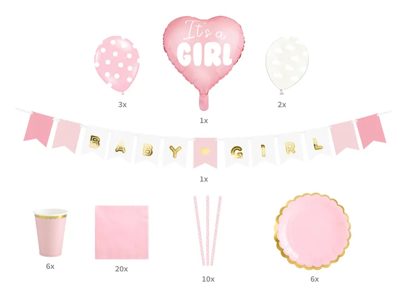 Set decoratiuni pentru petrecere It's a Girl IdealStore, Contine 6 pahare,6 farfurii,10 paie,20 de servetele, 5 baloane din Latex si un Balon in forma de inima, Banner Baby Girl