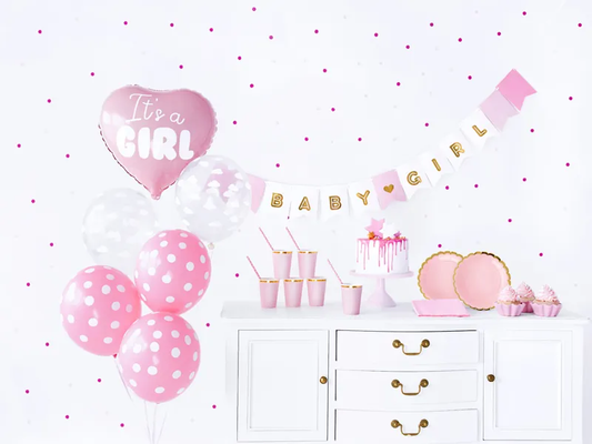 Set decoratiuni pentru petrecere It's a Girl IdealStore, Contine 6 pahare,6 farfurii,10 paie,20 de servetele, 5 baloane din Latex si un Balon in forma de inima, Banner Baby Girl