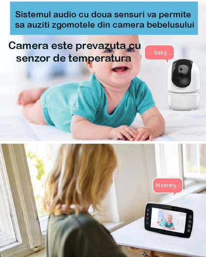 Baby Monitor idealStore BabyAction, Rotire Verticala si Orizontala, Night Vision Auto, Display Mare 4.3 inch, Raza Actiune 300 m, Senzor Temperatura Ambientala, Comunicare parinte/copil, Sunet Clar, Cantece de Leagan, Alarma lipsa Semnal, Zoom 2X