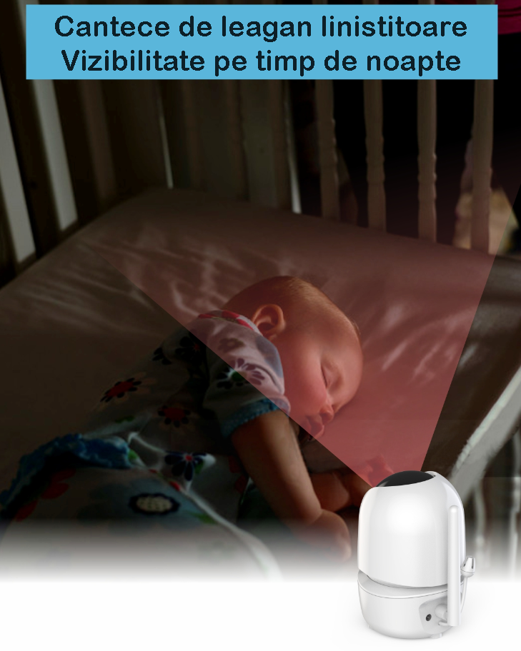 Baby Monitor idealStore BabyAction, Rotire Verticala si Orizontala, Night Vision Auto, Display Mare 4.3 inch, Raza Actiune 300 m, Senzor Temperatura Ambientala, Comunicare parinte/copil, Sunet Clar, Cantece de Leagan, Alarma lipsa Semnal, Zoom 2X