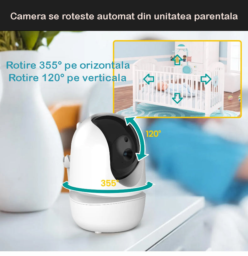 Baby Monitor idealStore BabyAction, Rotire Verticala si Orizontala, Night Vision Auto, Display Mare 4.3 inch, Raza Actiune 300 m, Senzor Temperatura Ambientala, Comunicare parinte/copil, Sunet Clar, Cantece de Leagan, Alarma lipsa Semnal, Zoom 2X