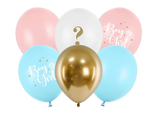 Set 6 baloane BOY or GIRL Mix Party IdealStore, Dimensiune 30 cm, Baloane Albastre, Roz si aurii din Latex, Ideale pentru petrecerea Baby Shower