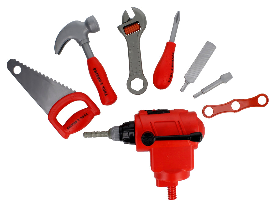 Banc de lucru DIY Tools & Brains pentru copii cu unelte si accesorii, 75 cm inaltime, bormasina, fierastrau, rafturi, si accesorii multiple