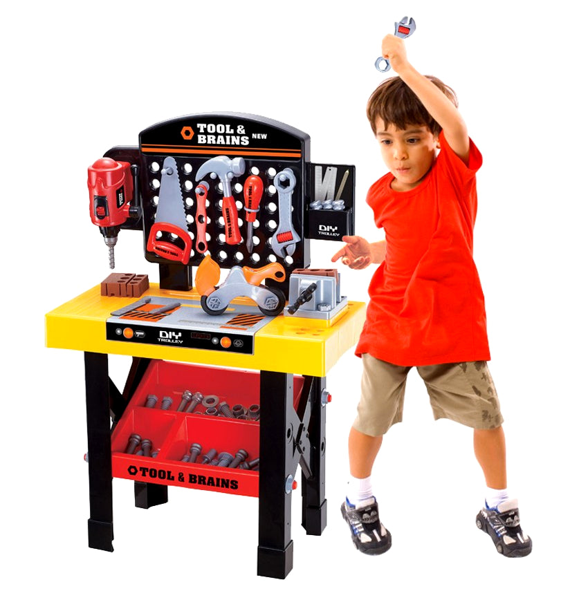 Banc de lucru DIY Tools & Brains pentru copii cu unelte si accesorii, 75 cm inaltime, bormasina, fierastrau, rafturi, si accesorii multiple